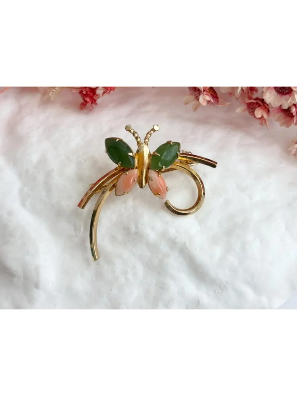 12k Gold Filled Carl Art Butterfly Figural Coral & Jade Vintage Brooch Pin